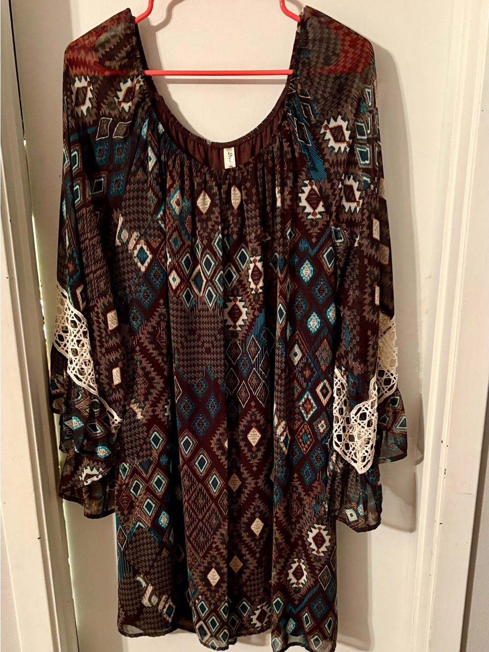 2tee Couture Brown & Teal Aztec Peasant Tunic